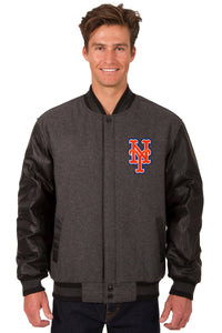 New York Mets Wool & Leather Reversible Jacket w/ Embroidered Logos - Charcoal/Black