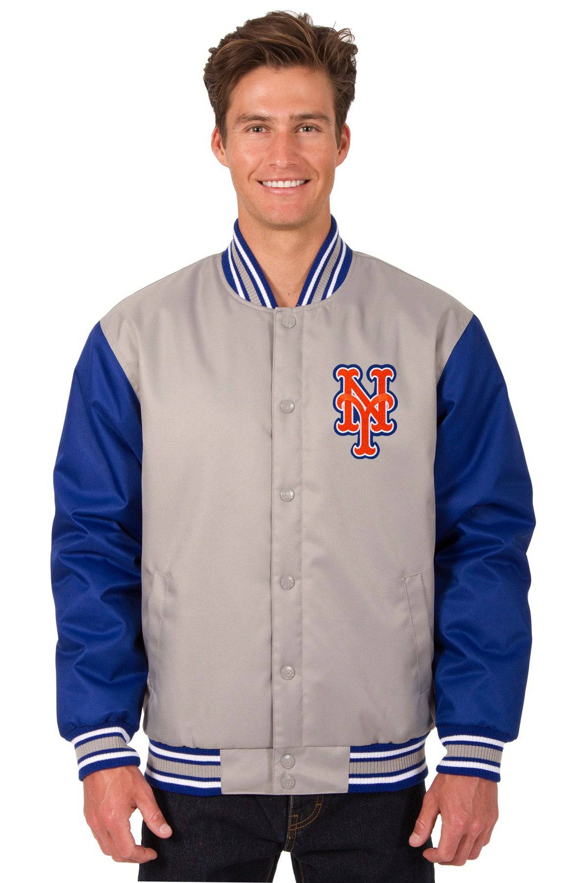 New York Mets Poly Twill Varsity Jacket - Gray/Royal | J.H.