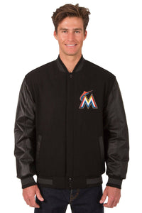 Miami Marlins Wool & Leather Reversible Jacket w/ Embroidered Logos - Black