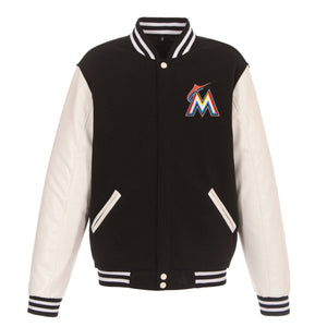 Miami Marlins - JH Design Reversible Fleece Jacket with Faux Leather Sleeves - Black/White