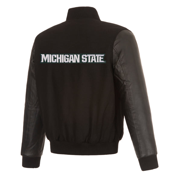 Michigan State Spartans Wool & Leather Reversible Jacket w/ Embroidered Logos - Black - J.H. Sports Jackets