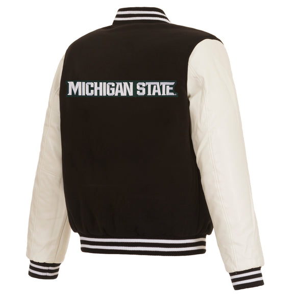 Michigan State Spartans JH Design Reversible Fleece Jacket with Faux Leather Sleeves - Black/White - J.H. Sports Jackets