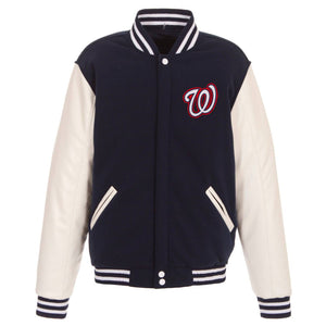 Washington Nationals - JH Design Reversible Fleece Jacket with Faux Leather Sleeves - Navy/White