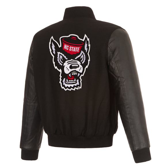 NC State Wolfpack Wool & Leather Reversible Jacket w/ Embroidered Logos - Black - J.H. Sports Jackets