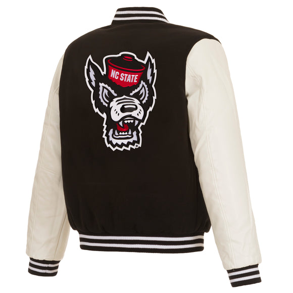 NC State Wolfpack JH Design Reversible Fleece Jacket with Faux Leather Sleeves - Black/White - J.H. Sports Jackets