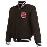 NC State Wolfpack JH Design Reversible Fleece Jacket with Faux Leather Sleeves - Black/White - J.H. Sports Jackets