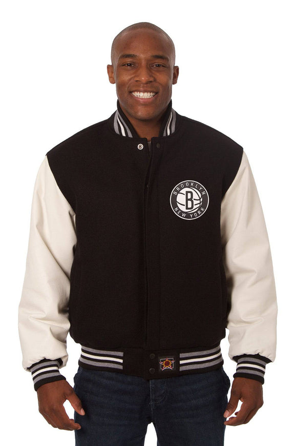 Brooklyn Nets  Domestic Two-Tone Handmade Wool and Leather Jacket-Black/White