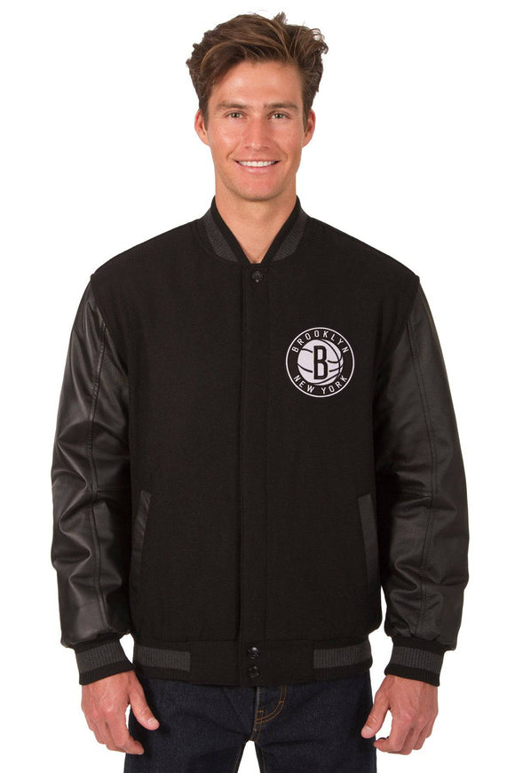 Brooklyn Nets Wool & Leather Reversible Jacket w/ Embroidered Logos - Black