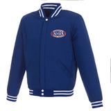 NHRA JH Design Reversible Fleece Jacket with Faux Leather Sleeves - Royal/White - J.H. Sports Jackets