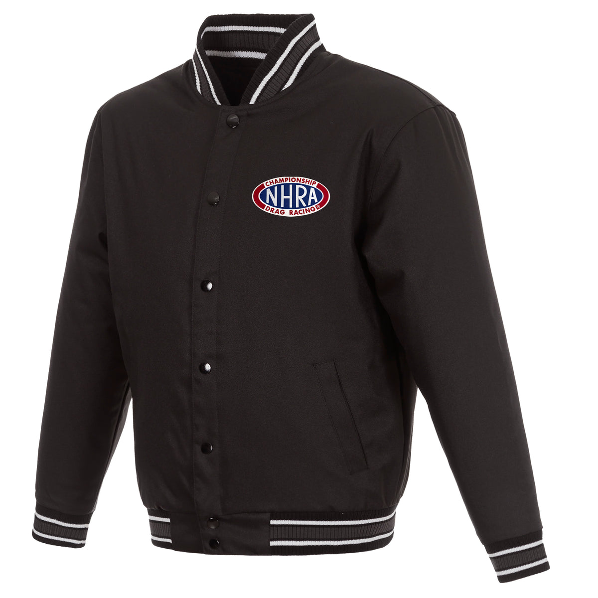 NHRA JH Design Poly Twill Varsity Jacket - Black | J.H. Sports Jackets