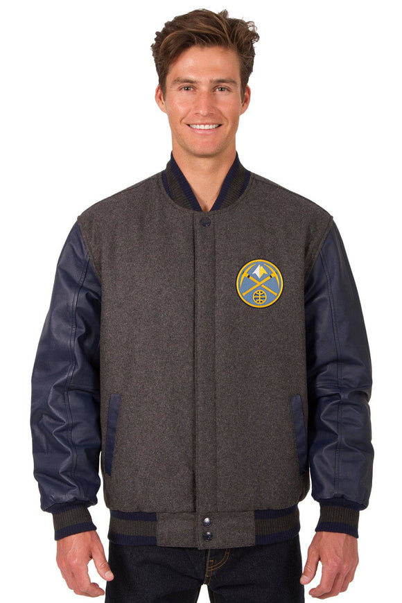 Denver Nuggets Wool & Leather Reversible Jacket w/ Embroidered Logos - Charcoal/Navy