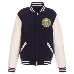 Denver Nuggets - JH Design Reversible Fleece Jacket with Faux Leather Sleeves -Navy/White