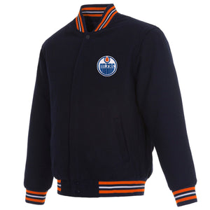 Edmonton Oilers Reversible Wool Jacket  Embroidered Logos - JH Design  Navy