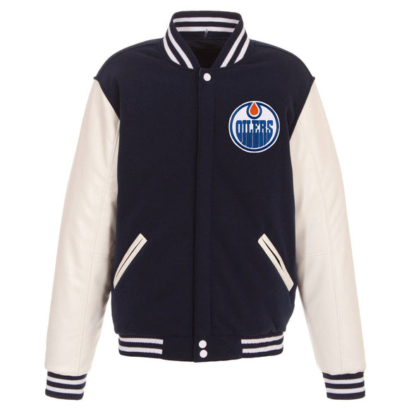 Edmonton Oilers JH Design Reversible Fleece Jacket with Faux Leather Sleeves - Navy/White