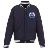 Edmonton Oilers JH Design Reversible Fleece Jacket with Faux Leather Sleeves - Navy/White