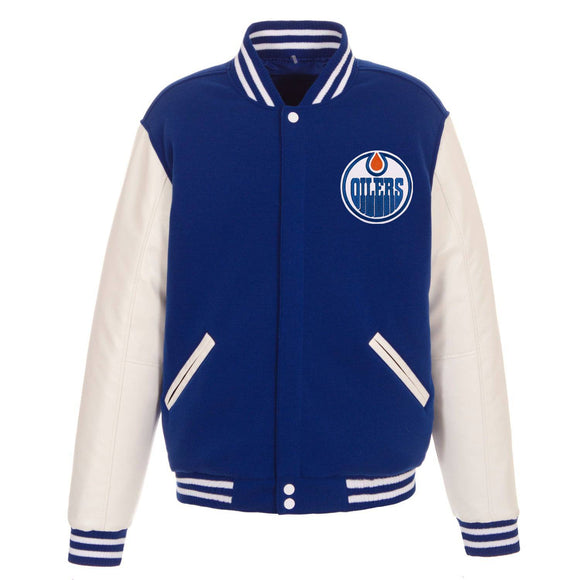 Edmonton Oilers JH Design Reversible Fleece Jacket with Faux Leather Sleeves - Royal/White