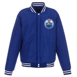 Edmonton Oilers JH Design Reversible Fleece Jacket with Faux Leather Sleeves - Royal/White