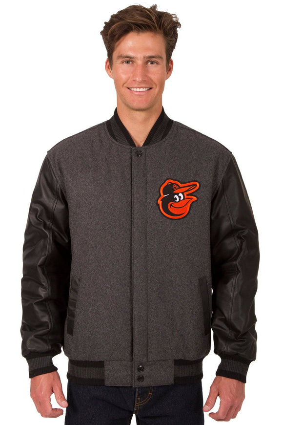 Baltimore Orioles Wool & Leather Reversible Jacket w/ Embroidered Logos - Charcoal/Black