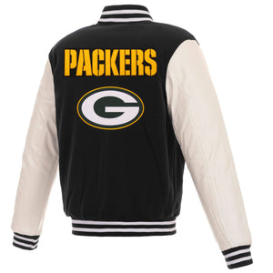 Green Bay Packers - JH Design Reversible Fleece Jacket with Faux Leather Sleeves - Black/White