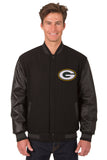 Green Bay Packers Wool & Leather Reversible Jacket w/ Embroidered Logos - Black