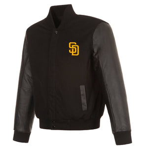 San Diego Padres Wool & Leather Reversible Jacket w/ Embroidered Logos - Charcoal/Navy