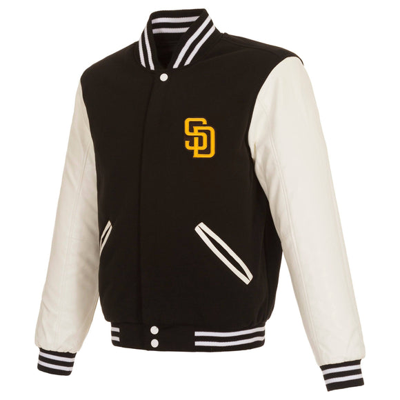 San Diego Padres - JH Design Reversible Fleece Jacket with Faux Leather Sleeves -Brown logo color- Navy/White