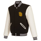 San Diego Padres - JH Design Reversible Fleece Jacket with Faux Leather Sleeves -Brown logo color- Navy/White