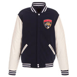 Florida Panthers JH Design Reversible Fleece Jacket with Faux Leather Sleeves - Navy/White