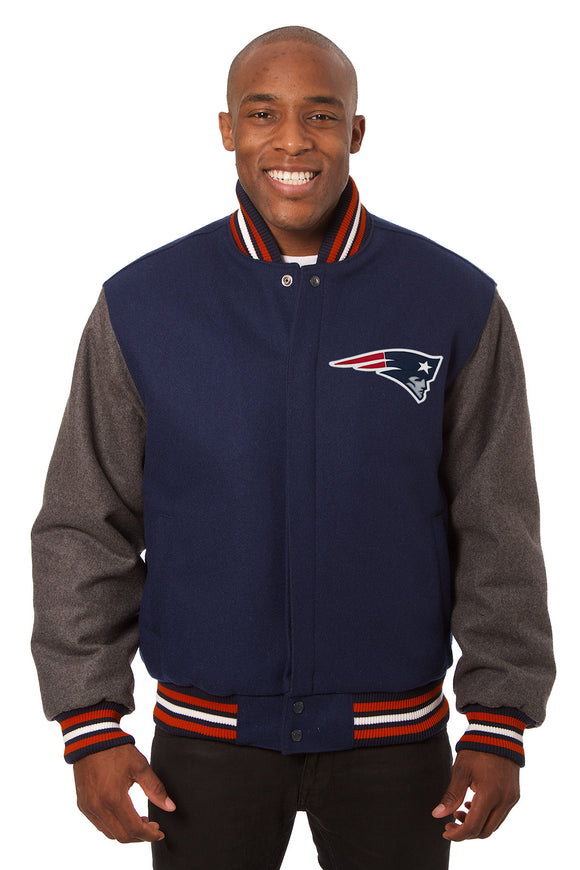 New England Patriots JH Design Wool Handmade Full-Snap Jacket - Navy/Grey - J.H. Sports Jackets