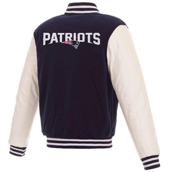 New England Patriots - JH Design Reversible Fleece Jacket with Faux Leather Sleeves - Navy/White