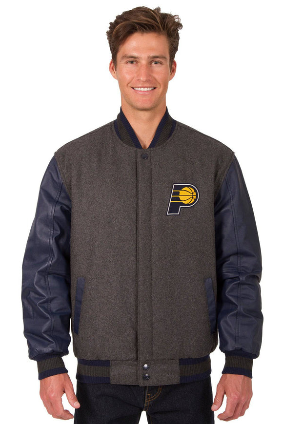 Indiana Pacers Wool & Leather Reversible Jacket w/ Embroidered Logos - Charcoal/Navy