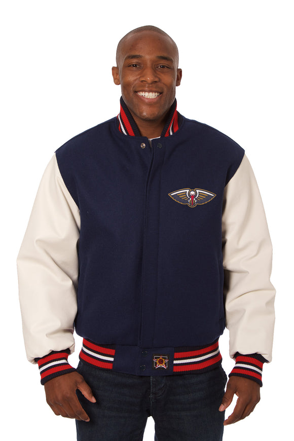 New Orleans Pelicans Domestic Two-Tone Handmade Wool and Leather Jacket-Navy/White - J.H. Sports Jackets