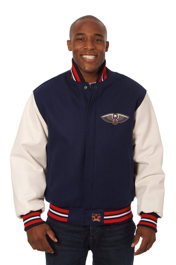 New Orleans Pelicans Domestic Two-Tone Handmade Wool and Leather Jacket-Navy/White