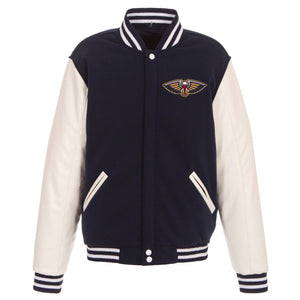 New Orleans Pelicans - JH Design Reversible Fleece Jacket with Faux Leather Sleeves - Navy/White