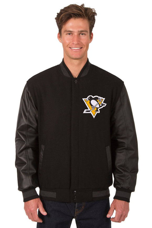 Pittsburgh Penguins Wool & Leather Reversible Jacket w/ Embroidered Logos - Black