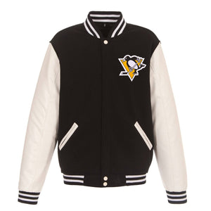 Pittsburgh Penguins JH Design Reversible Fleece Jacket with Faux Leather Sleeves - Black/White