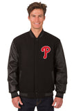 Philadelphia Phillies Wool & Leather Reversible Jacket w/ Embroidered Logos - Black