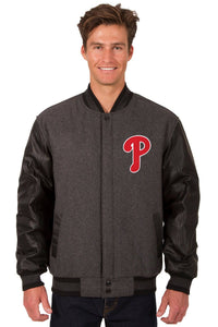 Philadelphia Phillies Wool & Leather Reversible Jacket w/ Embroidered Logos - Charcoal/Black