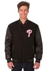 Philadelphia Phillies Wool & Leather Reversible Jacket w/ Embroidered Logos - Black