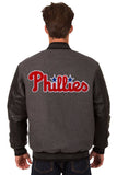 Philadelphia Phillies Wool & Leather Reversible Jacket w/ Embroidered Logos - Charcoal/Black