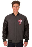 Philadelphia Phillies Wool & Leather Reversible Jacket w/ Embroidered Logos - Charcoal/Black