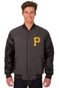 Pittsburgh Pirates Wool & Leather Reversible Jacket w/ Embroidered Logos - Charcoal/Black