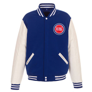 Detroit Pistons - JH Design Reversible Fleece Jacket with Faux Leather Sleeves - Royal/White