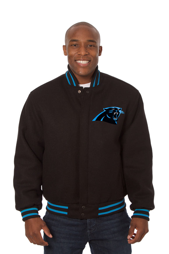Carolina Panthers JH Design Wool Handmade Full-Snap Jacket - Black - J.H. Sports Jackets