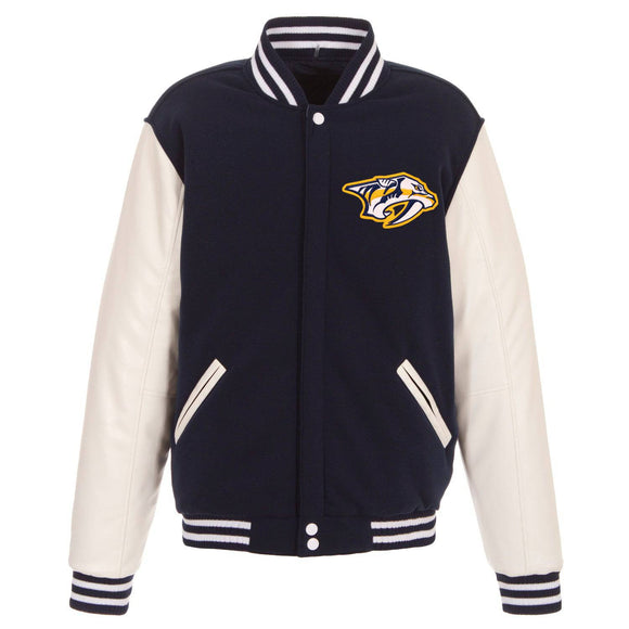 Nashville Predators JH Design Reversible Fleece Jacket with Faux Leather Sleeves - Navy/White