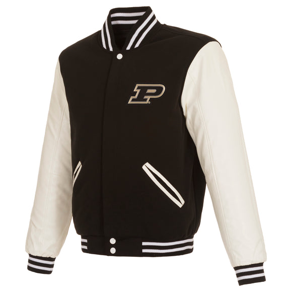 Purdue Boilermakers JH Design Reversible Fleece Jacket with Faux Leather Sleeves - Black/White - J.H. Sports Jackets