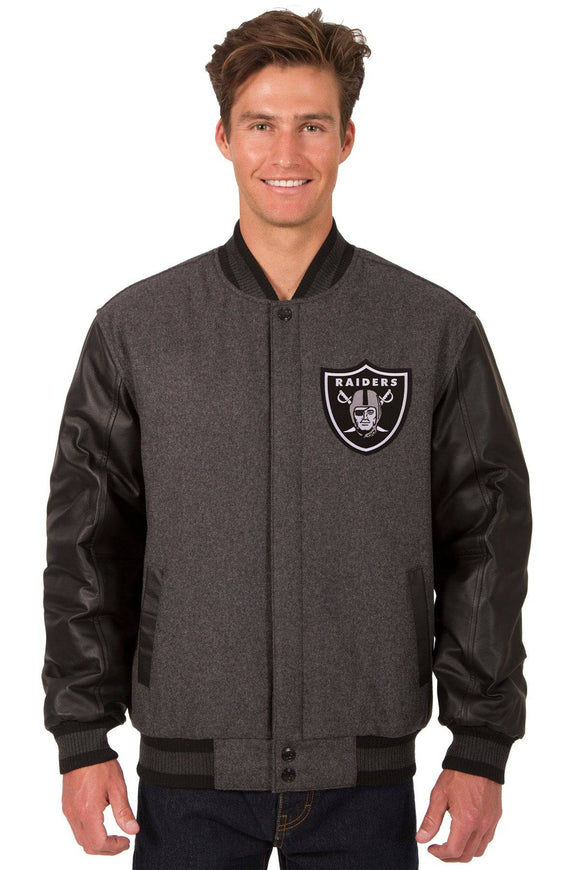 Las Vegas Raiders Wool & Leather Reversible Jacket w/ Embroidered Logos - Charcoal/Black