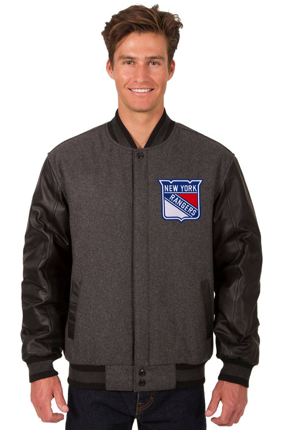 New York Rangers Wool & Leather Reversible Jacket w/ Embroidered Logos - Charcoal/Black