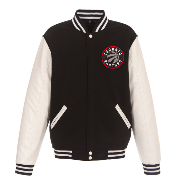 Toronto Raptors JH Design Reversible Fleece Jacket with Faux Leather Sleeves - Black/White - J.H. Sports Jackets