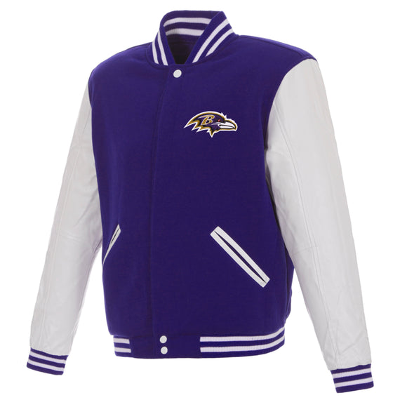 Baltimore Ravens JH Design Reversible Fleece Jacket with Faux Leather Sleeves - Purple/White - J.H. Sports Jackets